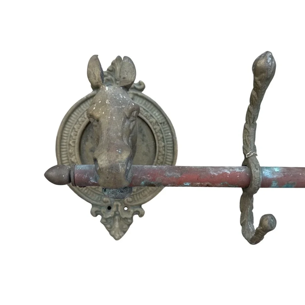 Vtg Brass copper Horse Head Wall Rack Equestrian 4 Hook Brown Patina Antique